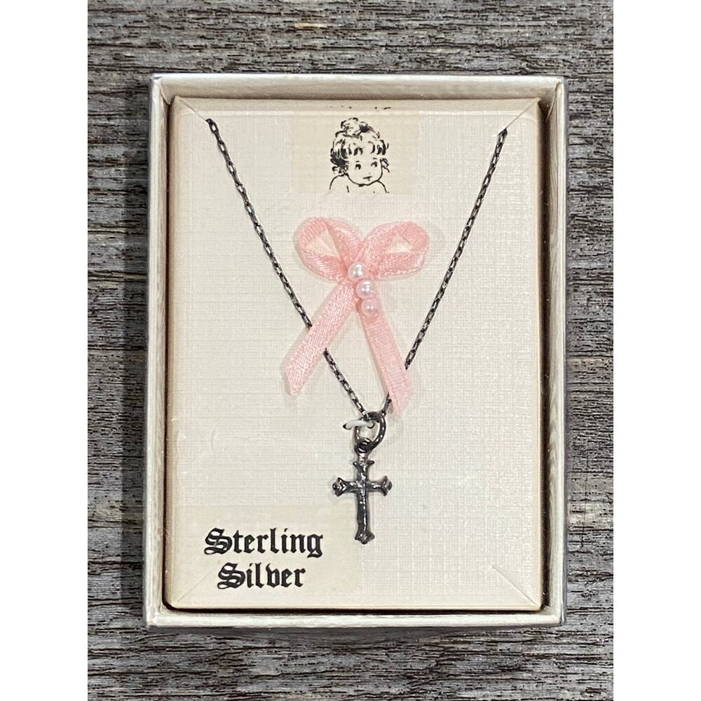 VTG NEW Sterling Silver Cross Necklace for Baby Christening Baptism Includes Box